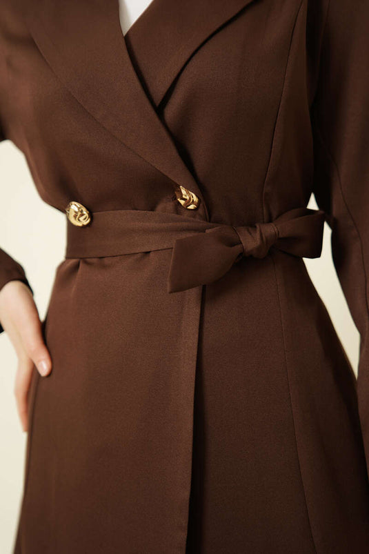 Long Coat with Wrap Collar and Belt, Coffee Color