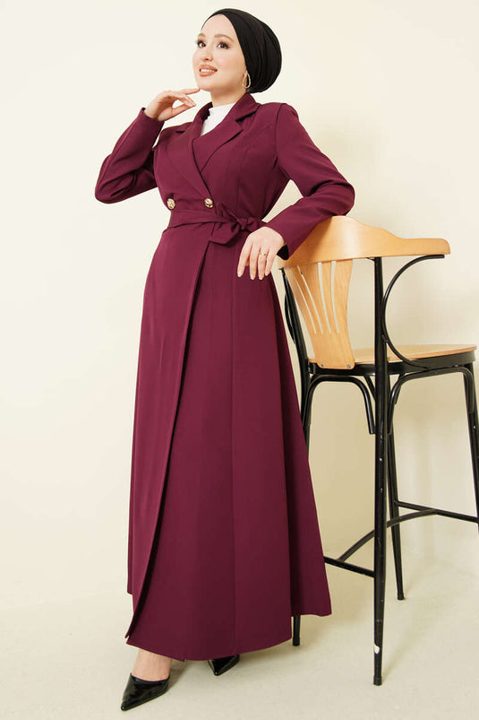Long Coat with Crossed Collar and Belt Purple