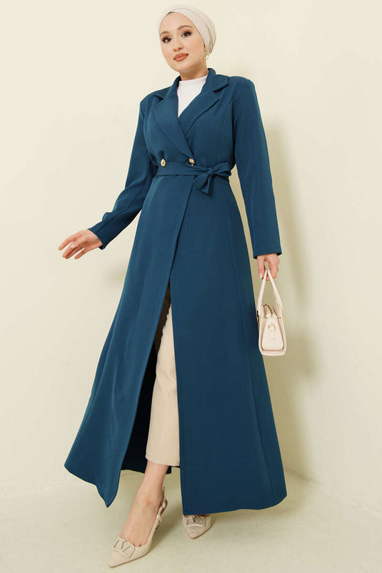 Wrap Collar Long Belted Coat Petrol Green