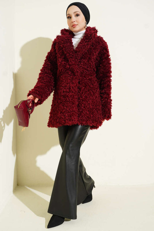 Double-breasted lambskin coat, burgundy.