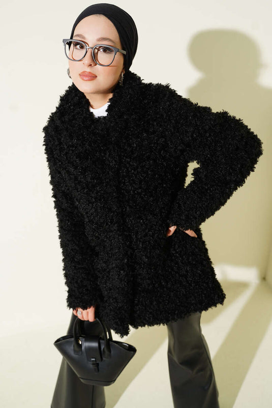 Double-breasted lambskin coat, black.