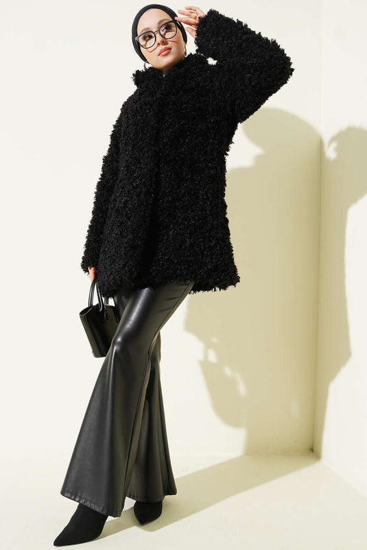 Double-breasted lambskin coat, black.
