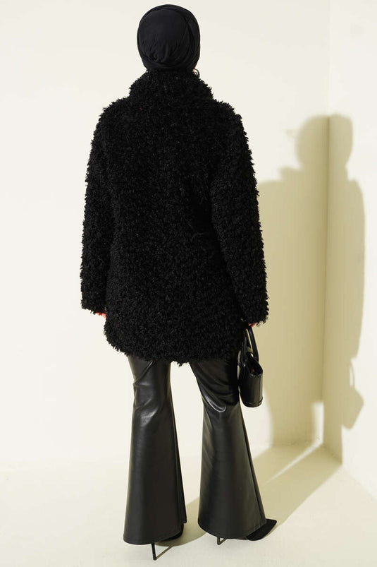 Double-breasted lambskin coat, black.