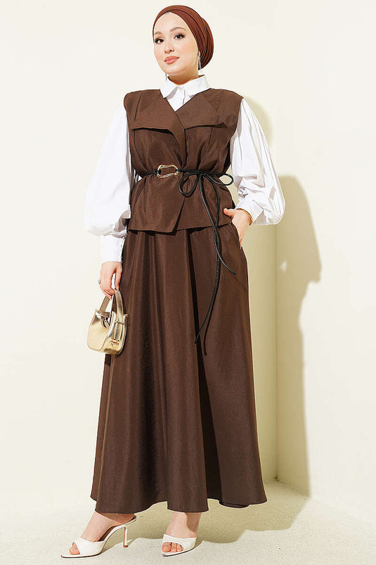Wrap Collar Parachute Vest Skirt Set Brown