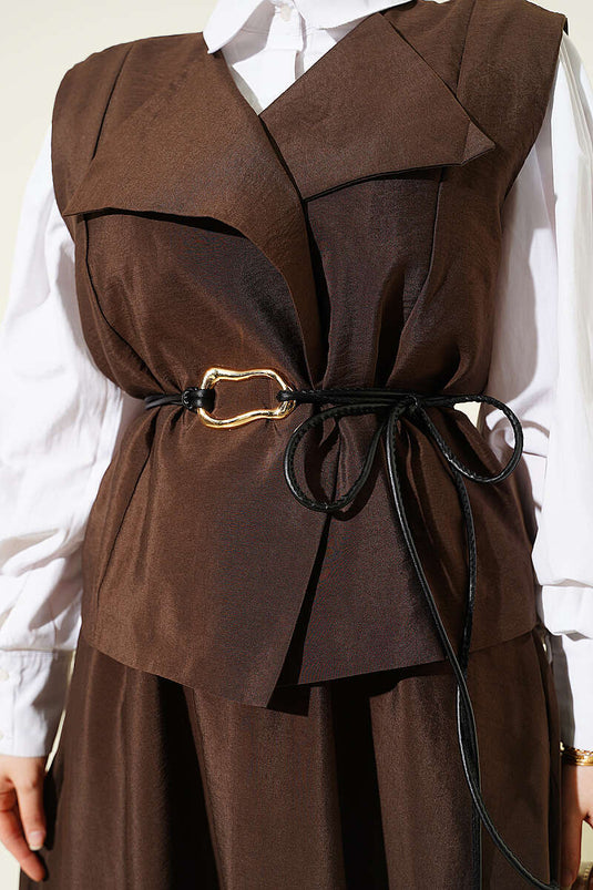Wrap Collar Parachute Vest Skirt Set Brown