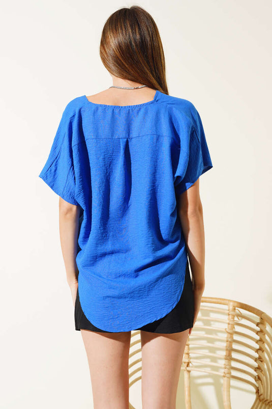 Double Breasted Casual Blouse in Saks