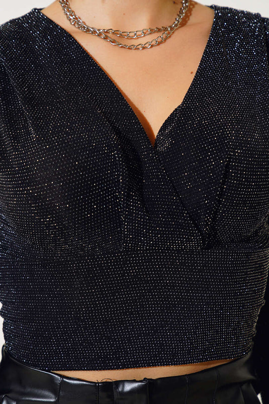 Blouse Pailletée Col Ouvert Noir