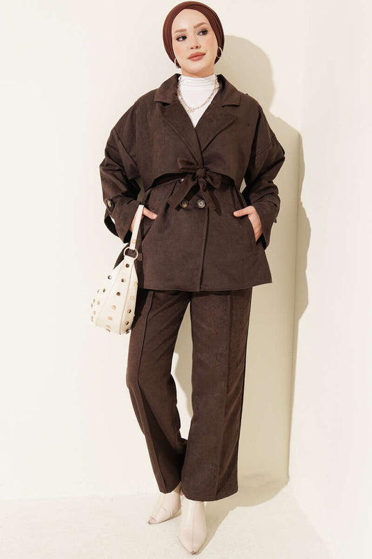 Ensemble De Veste En Daim À Col Croisé En Chocolat Amer