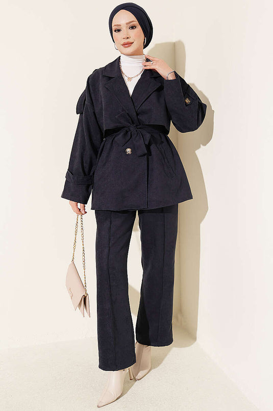 Ensemble De Veste En Daim À Col Croisé En Marine