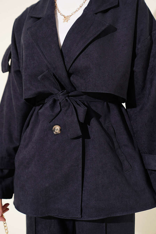 Ensemble De Veste En Daim À Col Croisé En Marine