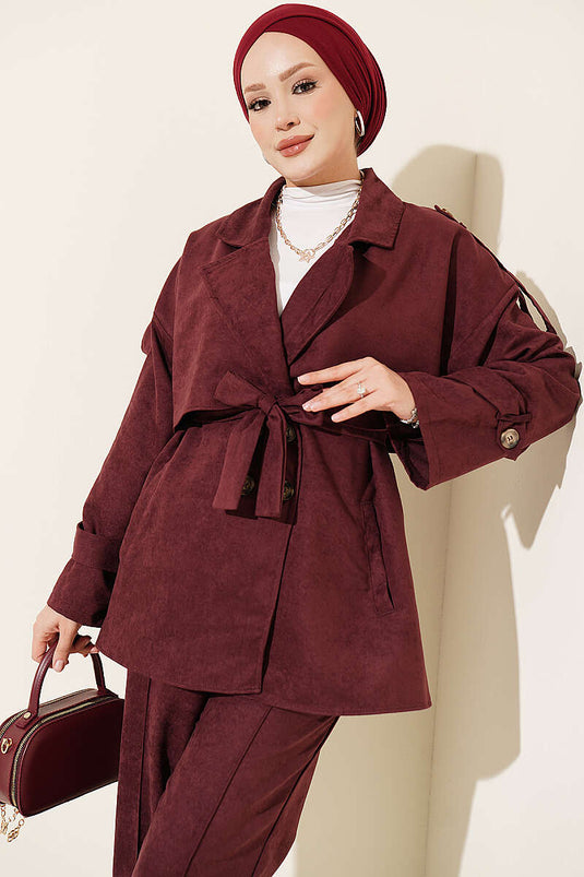 Ensemble De Veste En Daim À Col Croisé En Bordeaux