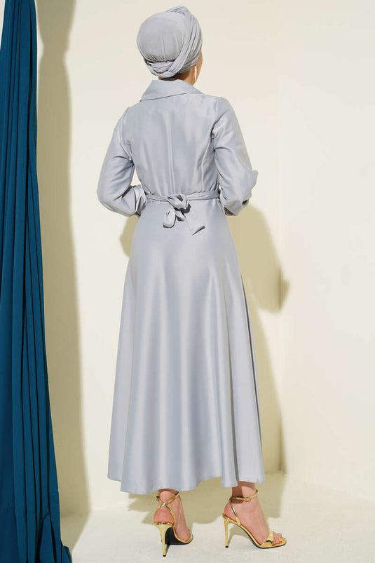Wrap Collar Stone-Embellished Satin Evening Dress Gray