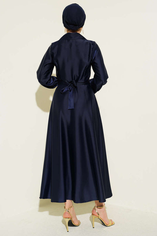 Navy Blue Satin Evening Dress with Wrap Collar and Stones
