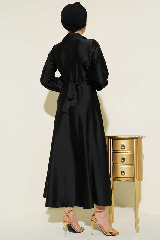 Kreuzhals Satin-Abendkleid mit Steinen, Schwarz
