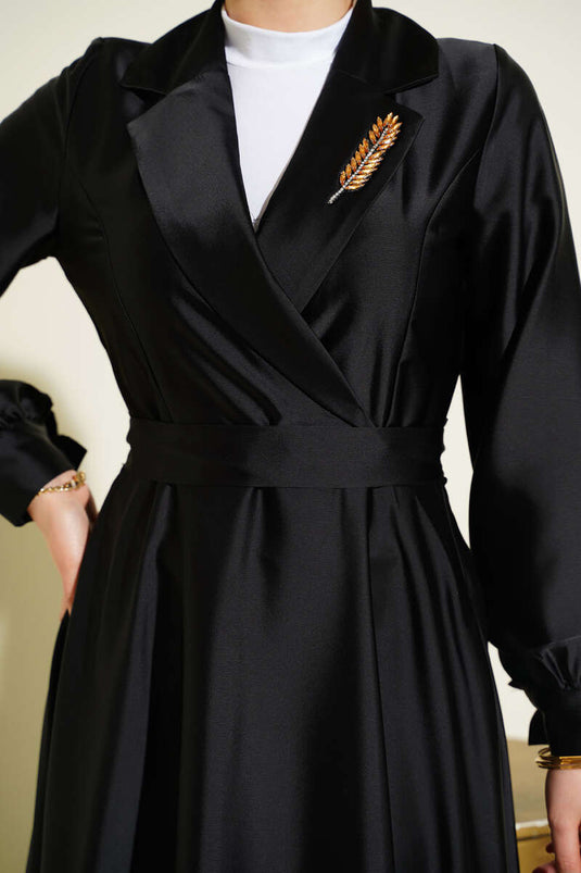 Kreuzhals Satin-Abendkleid mit Steinen, Schwarz
