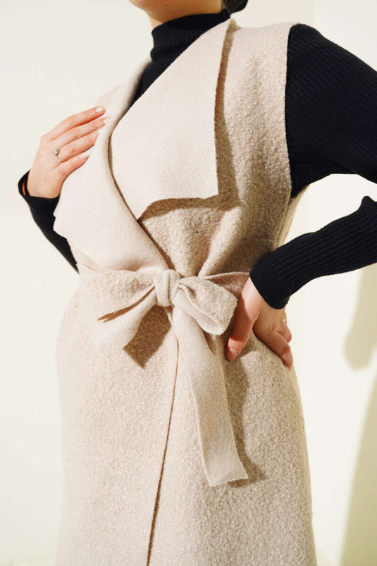 Gilet Long Boucle à Col Double Boutonnage Beige