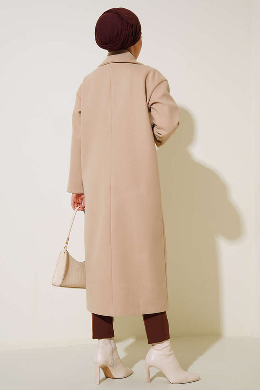 Manteau long croisé en cachemire beige
