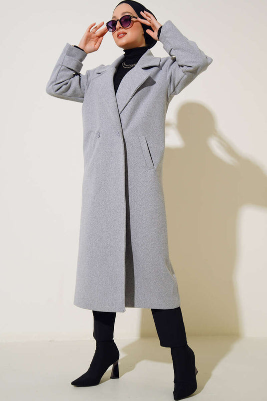 Manteau long croisé en cachemire gris