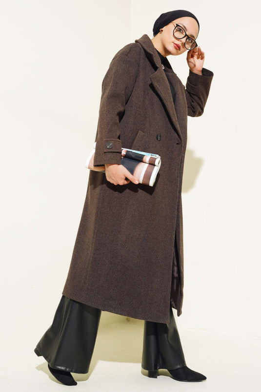 Kruvaze Yaka Uzun Kaşe Kaban Kestane