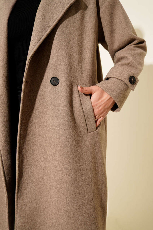 معطف كشمير طويل مزدوج الصدر من جلد المنك