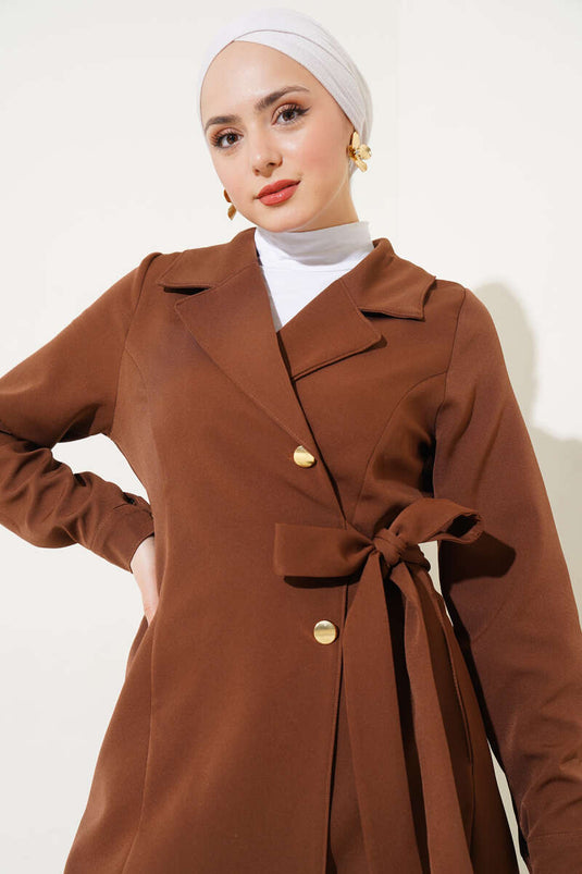 Cross Collar Side Tied Coat Coffee