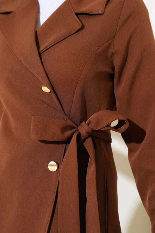 Cross Collar Side Tied Coat Coffee