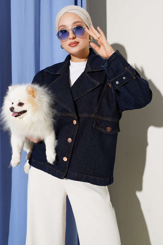 Double-breasted Side-Button Denim Jacket Navy Blue