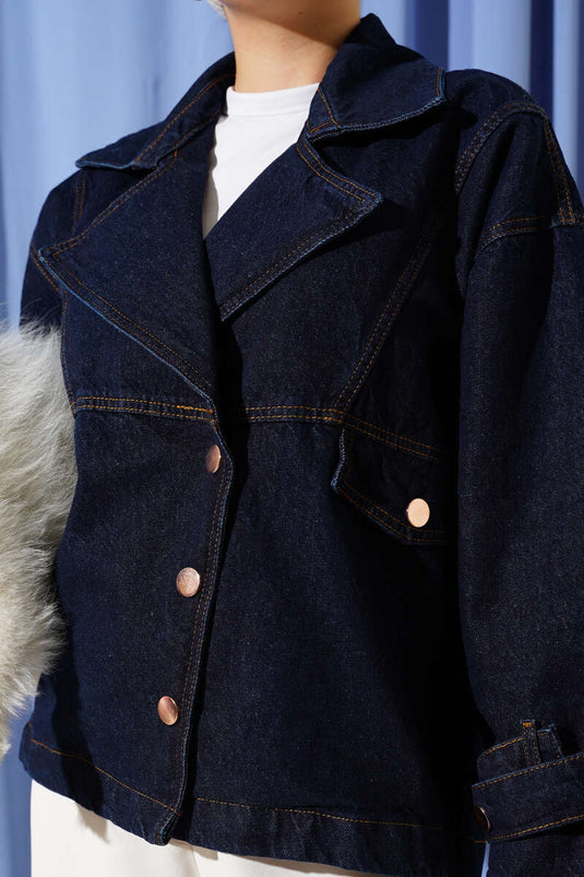 Double-breasted Side-Button Denim Jacket Navy Blue