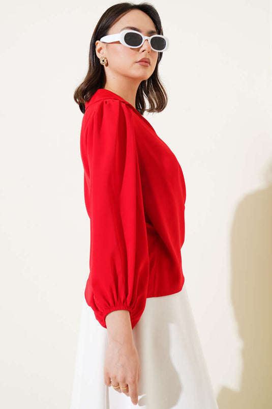 Red Blouse with Chain Detail and Shawl Collar