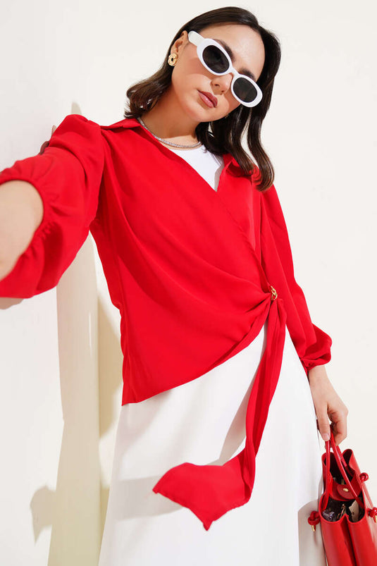 Red Blouse with Chain Detail and Shawl Collar