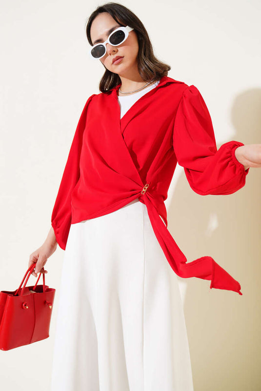 Red Blouse with Chain Detail and Shawl Collar