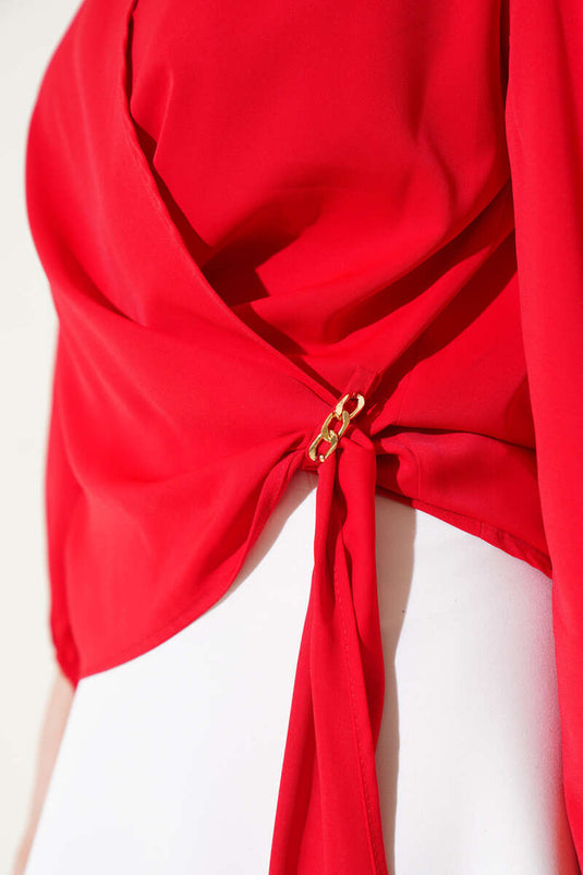 Red Blouse with Chain Detail and Shawl Collar