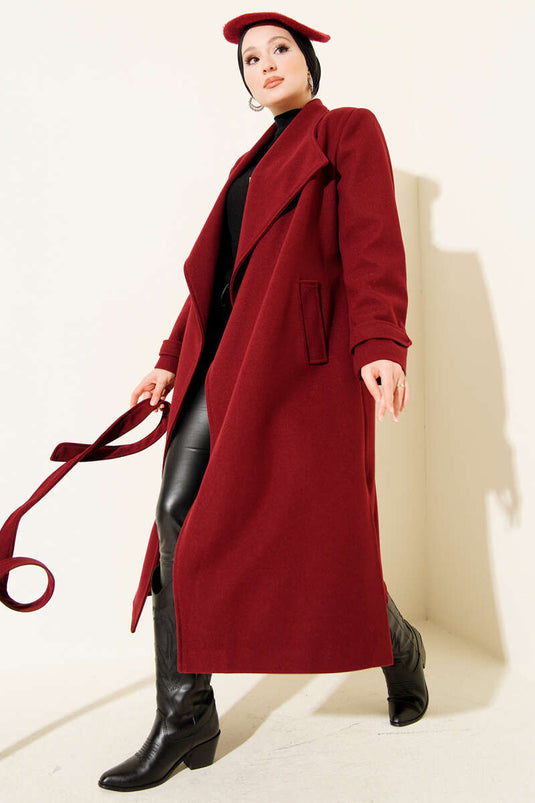 Double-Breasted Collar Belted Long Woolen Overcoat Burgundy