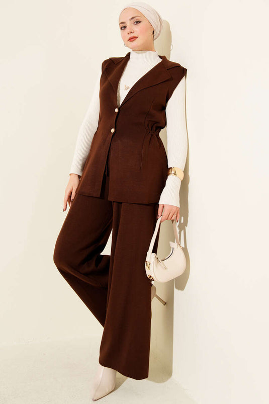 Double-Breasted Vest Two-Piece Knit Set in Coffee Brown