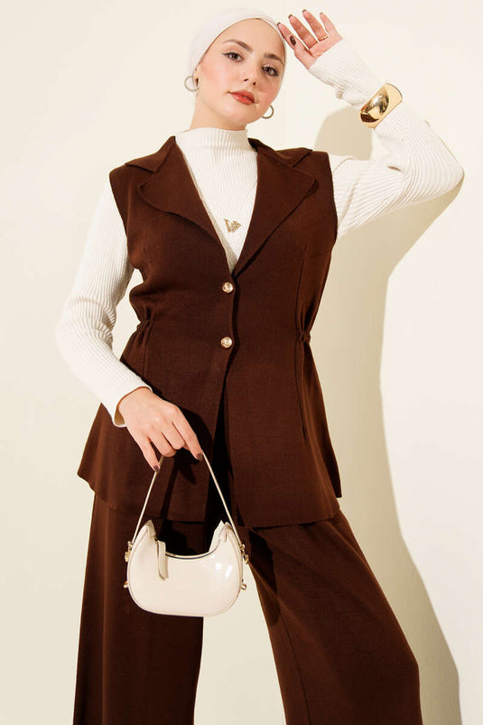 Double-Breasted Vest Two-Piece Knit Set in Coffee Brown