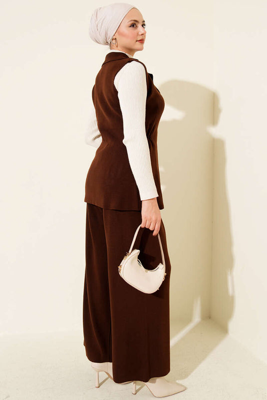 Double-Breasted Vest Two-Piece Knit Set in Coffee Brown