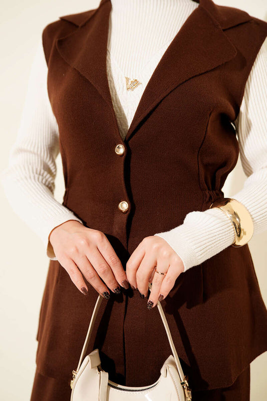 Double-Breasted Vest Two-Piece Knit Set in Coffee Brown