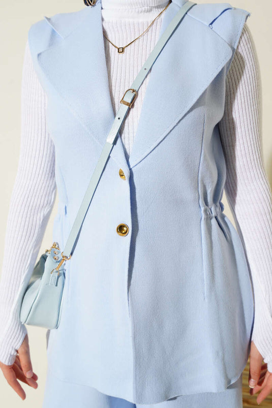 Double-Breasted Vested Two-Piece Knitwear Suit in Blue