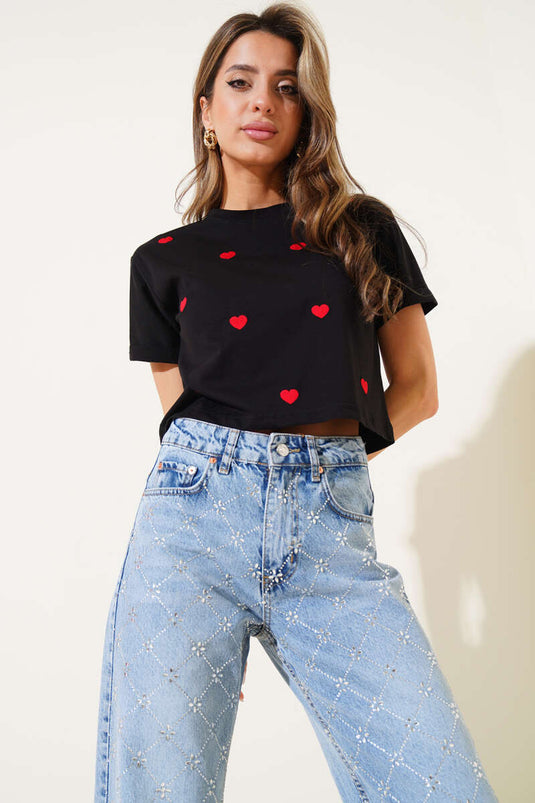 Small Heart Embroidered Crop Top Black