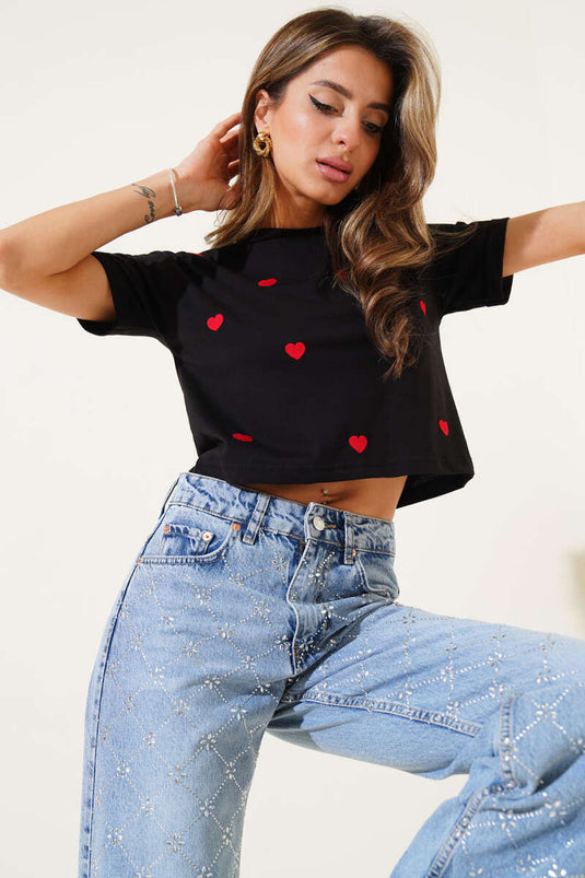 Small Heart Embroidered Crop Top Black