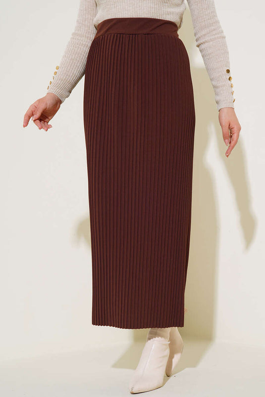 Pleated Fabric Pencil Skirt Brown
