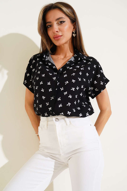 Chemise à manches courtes à motif ruban noire