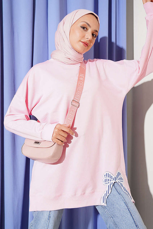 Kurdele Detaylı Bisiklet Yaka Tunik Pembe