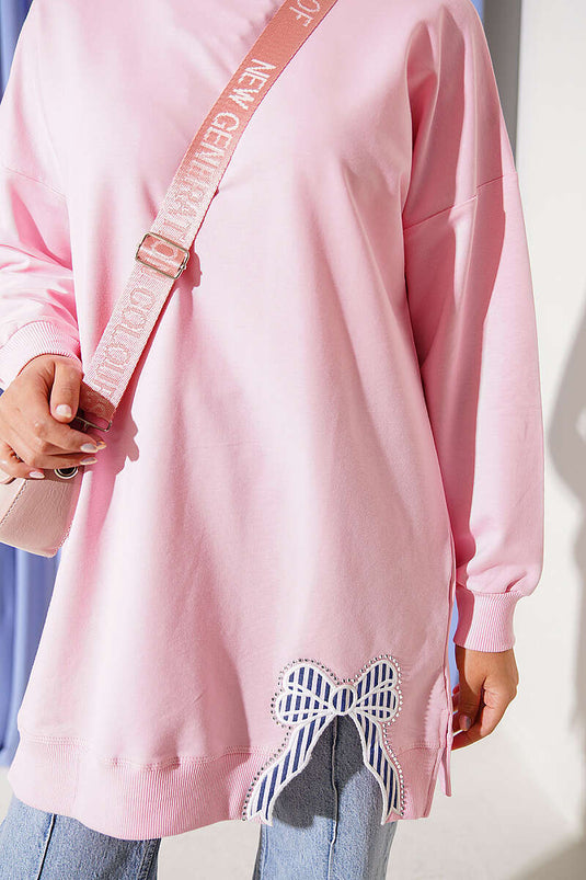 Kurdele Detaylı Bisiklet Yaka Tunik Pembe