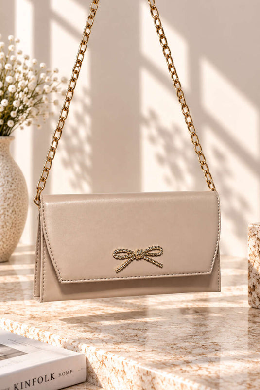 Beige Kettingdetail Clutch Tas
