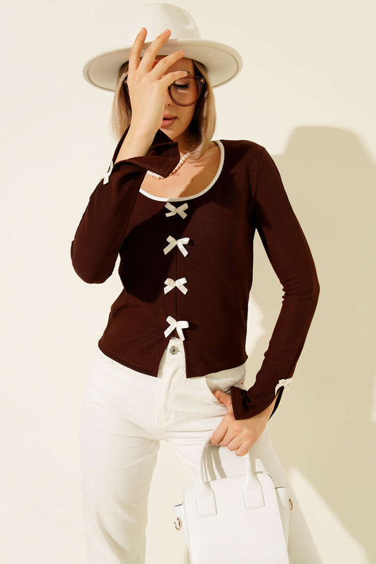 Ribbon Bowed Corduroy Blouse, Coffee