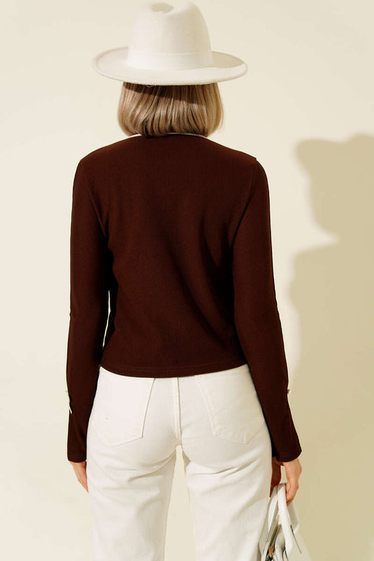 Ribbon Bowed Corduroy Blouse, Coffee