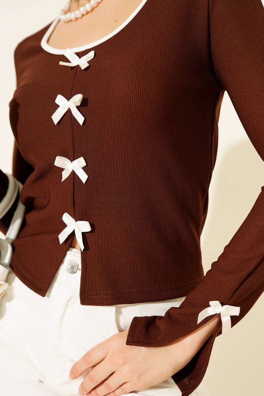 Ribbon Bowed Corduroy Blouse, Coffee