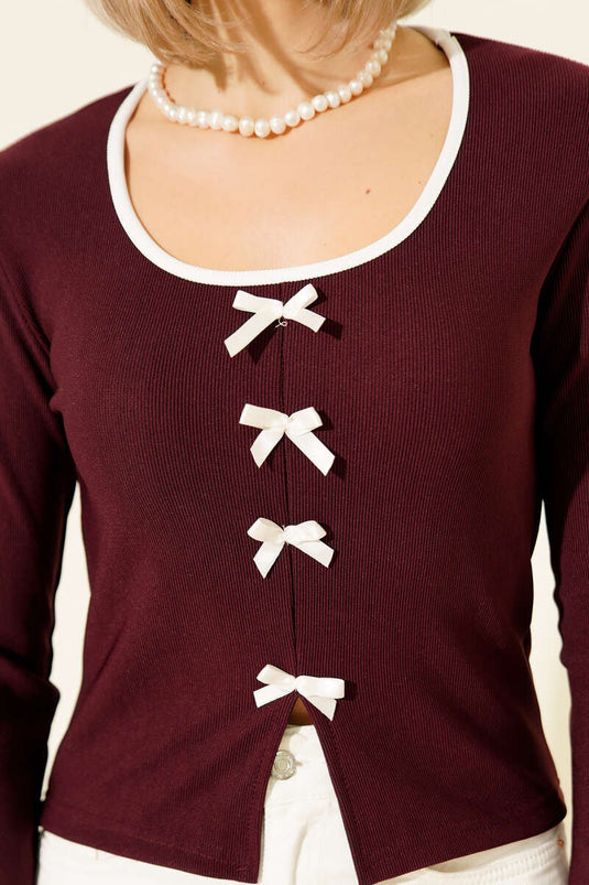 بلوزة مزينة بفيونكة وشريط، لون برقوقي