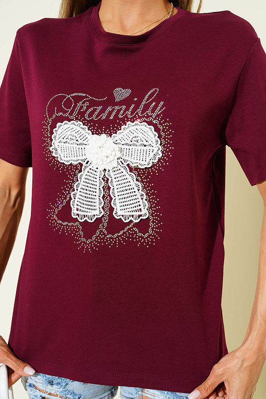 Kurdele Güpürlü T-shirt Bordo